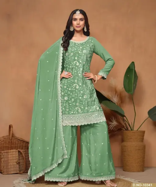 Designer Flower Embroidery Heavy Ethnic Plazzo Suit