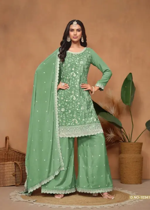 Designer Flower Embroidery Heavy Ethnic Plazzo Suit