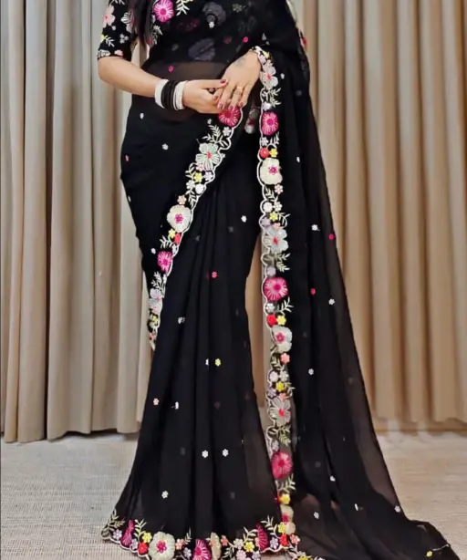 Fancy Wholesale Georgette Saree With Flower Embroidery