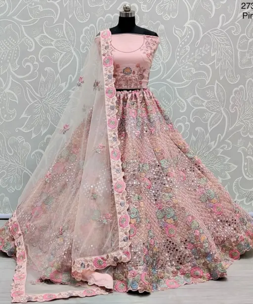 Flower Pattern Embroidery With Real Mirror Wedding Wear Ethnic Lehenga Choli 2736