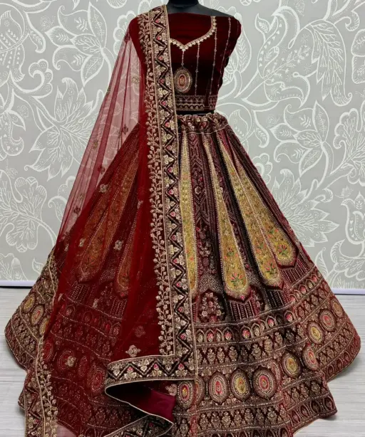 Heavy Embroidery Velvet Designer Bridal Lehenga Dori and Patch work with Heavy Dupatta