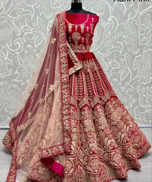 Pink Color Extricated Hand Embroidered Designer Bridal Lehenga Choli with Double Dupatta