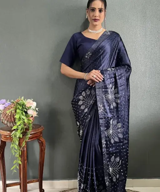 Satin Silk Saree With Swarovski Diamond Work Ready To Wear Saree