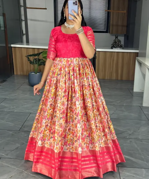 Soft Silk Printed Readymade Gown