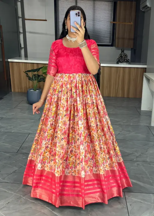 Soft Silk Printed Readymade Gown