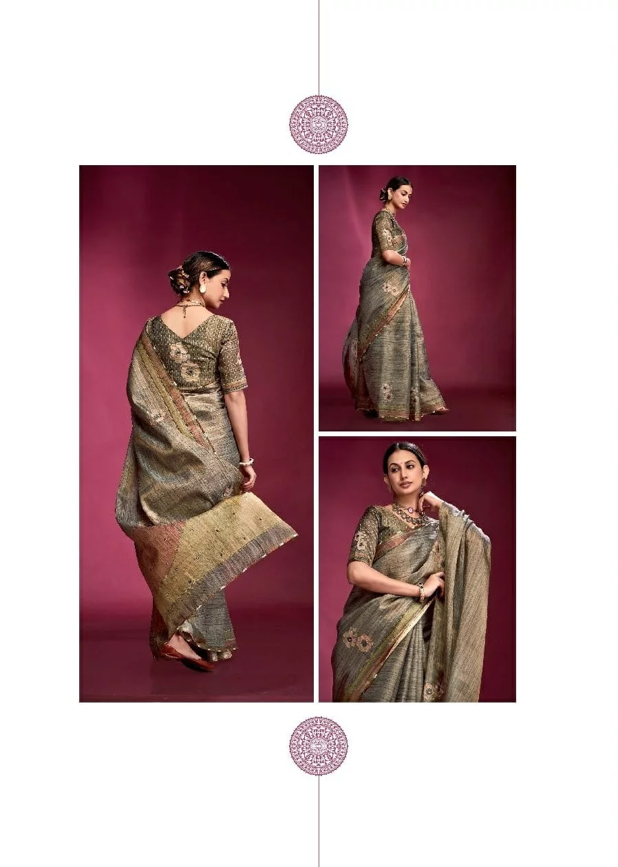 Tusser Silk Handwork Ethnic Saree Kala Jamun Dazzling - Image 7
