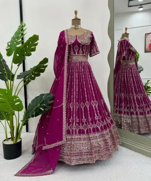 Purple Color Georgette Lehenga Choli Party Wear With Heavy Embroidery