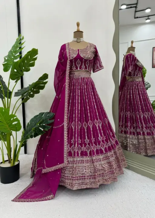 Purple Color Georgette Lehenga Choli Party Wear With Heavy Embroidery