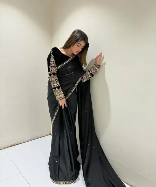 Winter Wear Velvet Saree With Heavy Emroidery And Moti Work Trending ST403