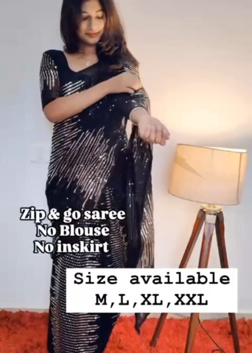 New Trending Zip and Go Saree Sequence Work Viral Readymade Saree Gown