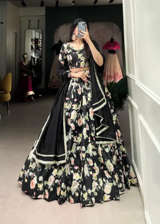 Black Floral Printed Designer Party Wear Lehenga Choli
