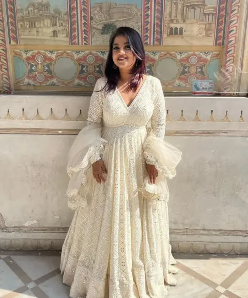 Bollywood Copy New Designer Party Gown Cream Color Gown With Heavy Embroidery Work