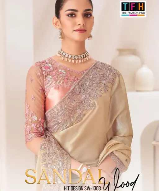 Chiffon Party Wear Rich Look Heavy Embroidery Work Ethnic Saree Sandal Wood 1303