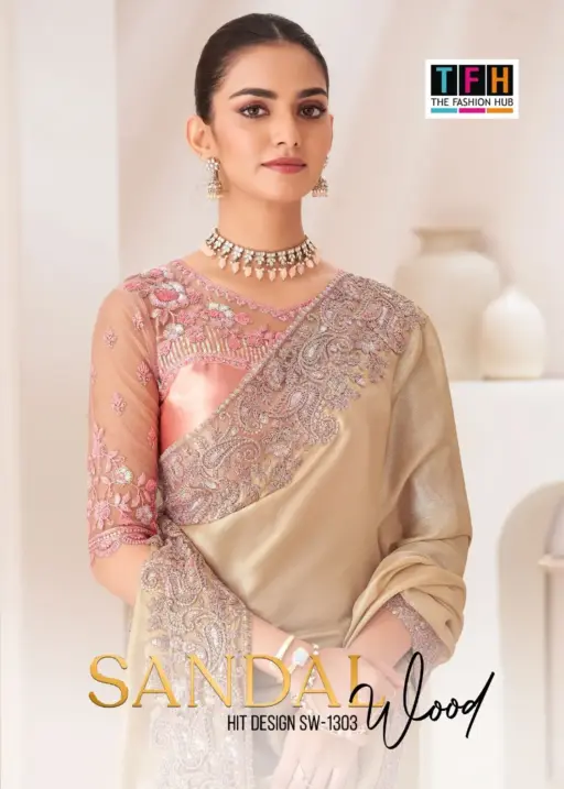 Chiffon Party Wear Rich Look Heavy Embroidery Work Ethnic Saree Sandal Wood 1303