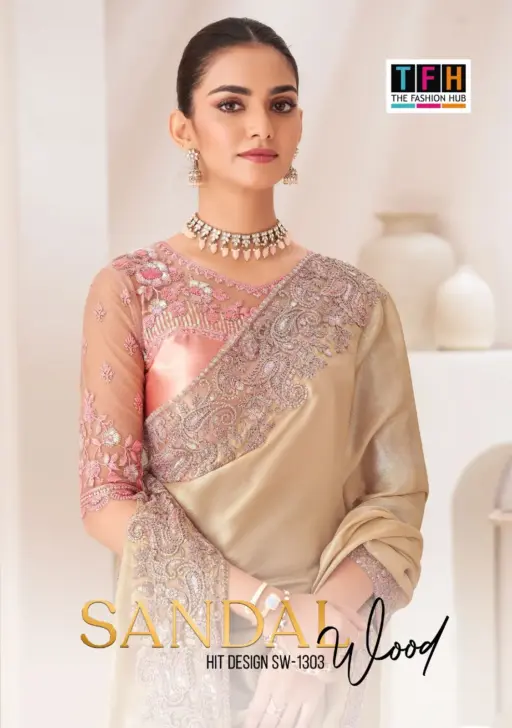 Chiffon Party Wear Rich Look Heavy Embroidery Work Ethnic Saree Sandal Wood 1303