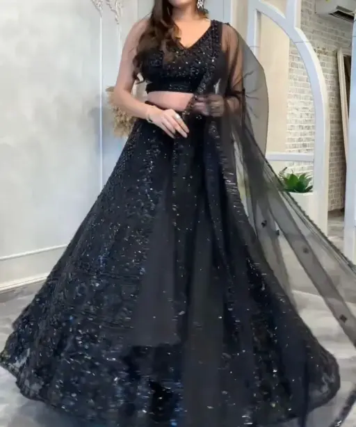 Dark Black Bollywood Style Heavy Net Embroidery With Sequence Work Bollywood Style Lehenga
