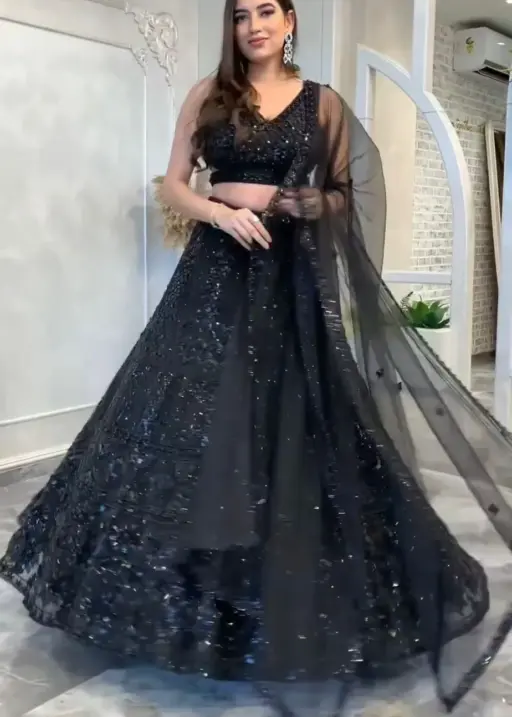 Dark Black Bollywood Style Heavy Net Embroidery With Sequence Work Bollywood Style Lehenga