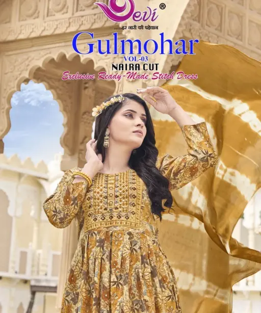 Devi Gulmohar Vol 3 Nayra Cut Printed Kurti Set Ethnic