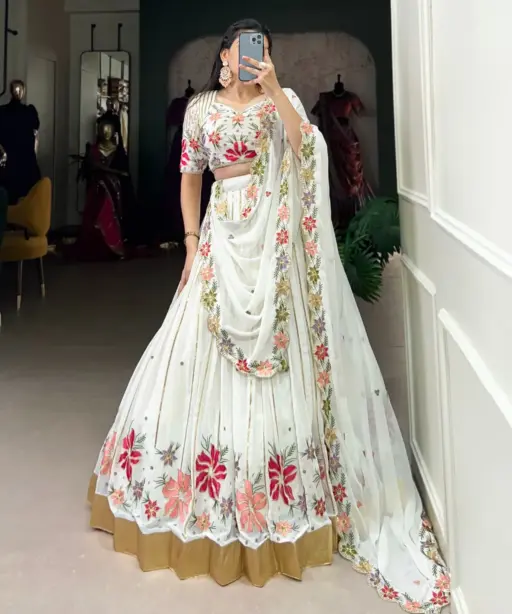 Embellished White Lehenga Choli With Flower Embroidery Work Designer Saree