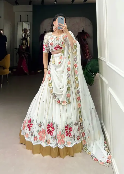 Embellished White Lehenga Choli With Flower Embroidery Work Designer Saree