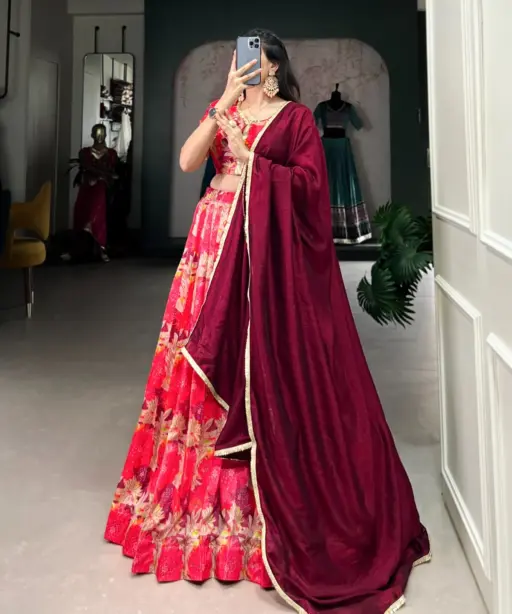 Floral Printed Tusser Silk Designer Lehenga Choli