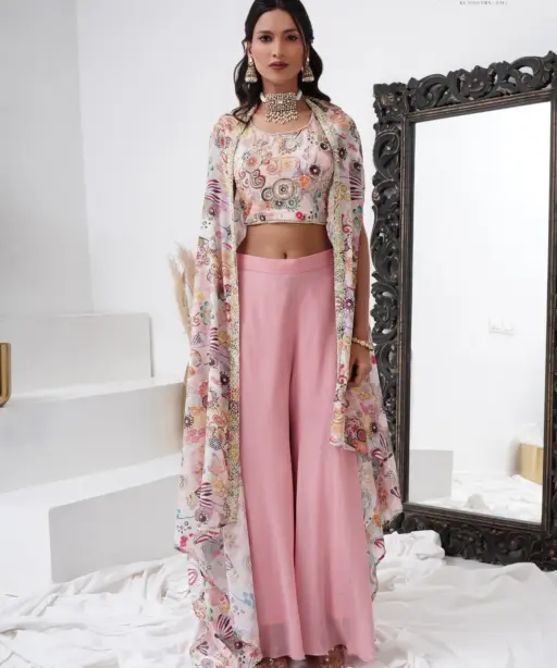 Girly Pink Color Designer Crop Top With Plazzo And Shrug Designer Boutique Style Set