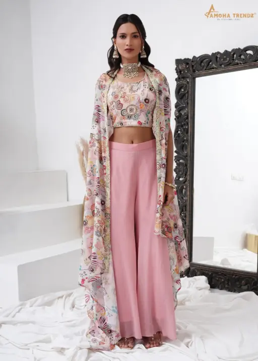 Girly Pink Color Designer Crop Top With Plazzo And Shrug Designer Boutique Style Set