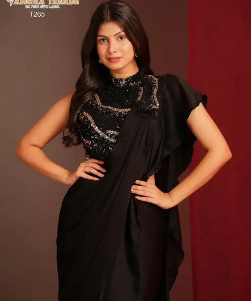 Heavy Work Blouse Ready To Wear Embellished Black Party Wear Saree