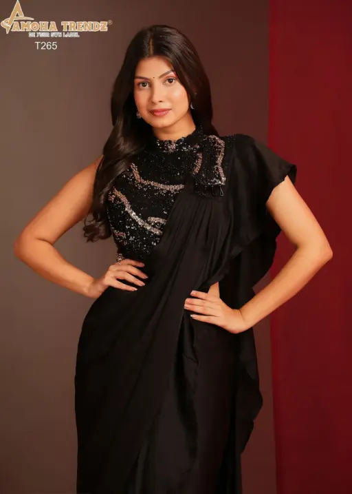 Heavy Work Blouse Ready To Wear Embellished Black Party Wear Saree