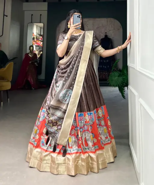 Kalamkari Printed Designer Dola Silk Lehenga Choli Ethnic