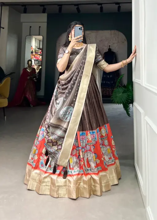 Kalamkari Printed Designer Dola Silk Lehenga Choli Ethnic