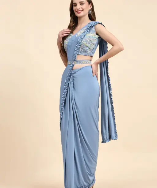 Pestal Color Ready To Wear Saree With Stitched Blouse Designer Saree