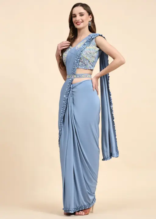 Pestal Color Ready To Wear Saree With Stitched Blouse Designer Saree