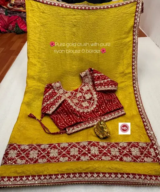 Pure Gold Crush Wedding Saree With Stitched Blouse And  Belt