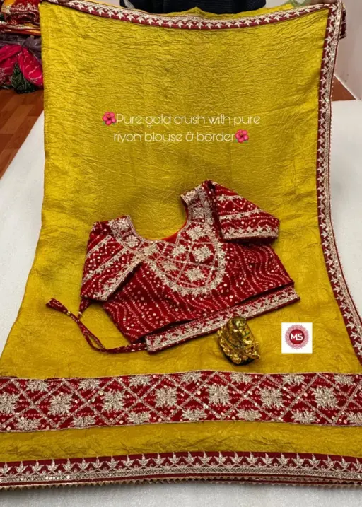 Pure Gold Crush Wedding Saree With Stitched Blouse And  Belt