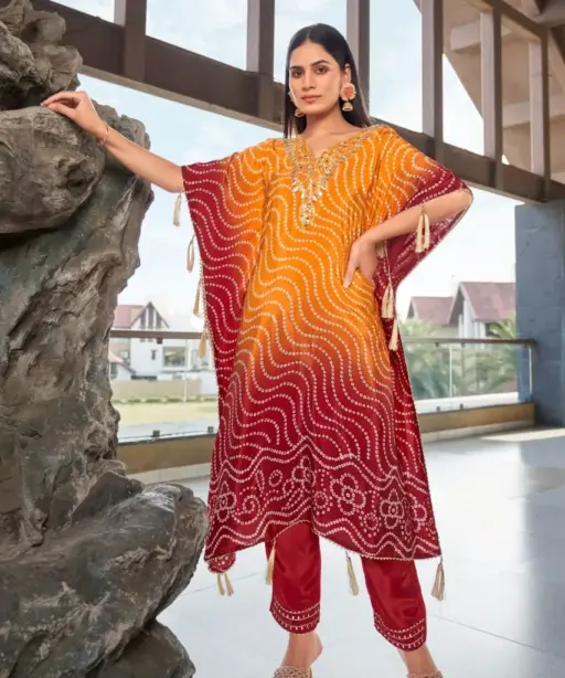 Pure Natural Crepe Designer Ethnic Kaftan Suit Bandhni Print With Work