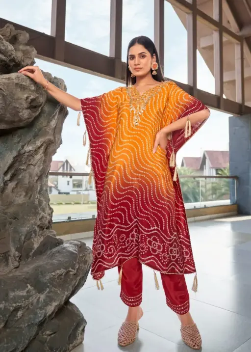 Pure Natural Crepe Designer Ethnic Kaftan Suit Bandhni Print With Work