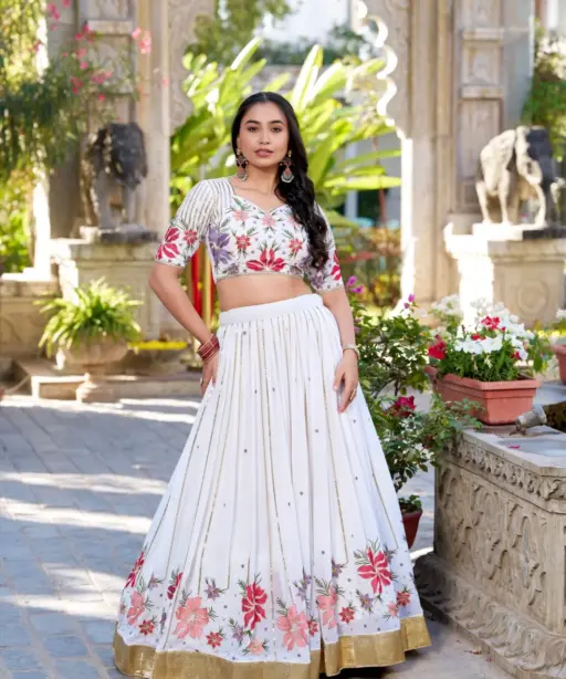 Pure White Flower Embroidery   Ethnic Lehenga Choli Stylish