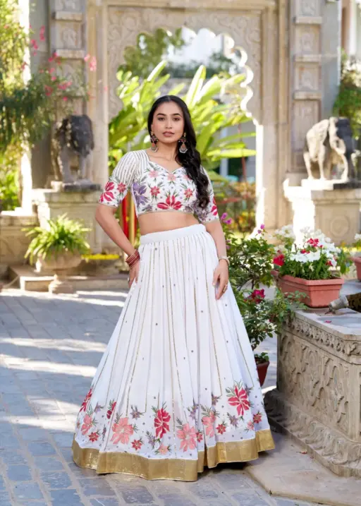 Pure White Flower Embroidery   Ethnic Lehenga Choli Stylish