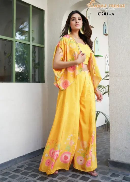 Readymade Indo Western Crop Top With Plazzo And Shrug Fancy Boutique Style