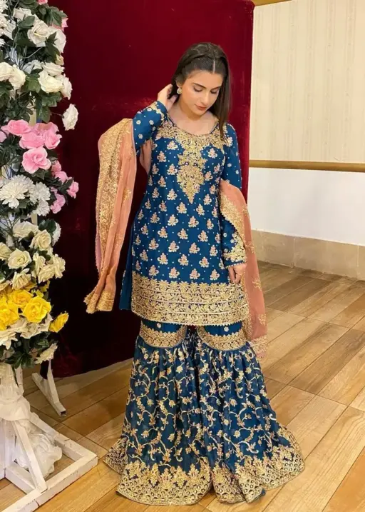 Royal Blue Heavy Embroidery Work Wedding Sharara Salwar Ethnic Suit Viral
