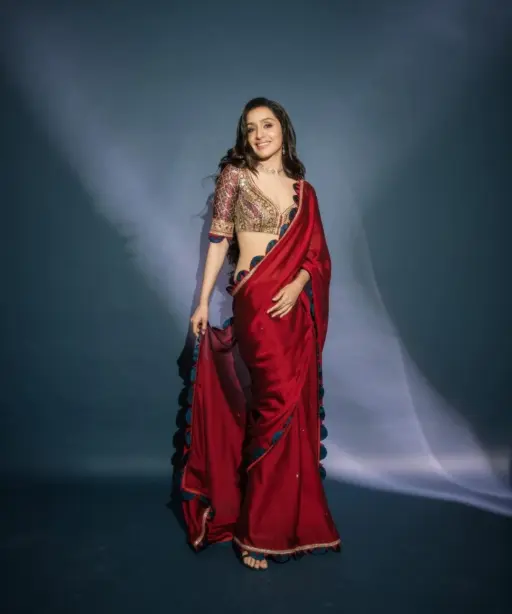 Shraddha Kapoor Saree Dark Red Color Ethnic Saree With Heavy Embroidery Worked Blouse Valentines Special Saree Bollywood Saree