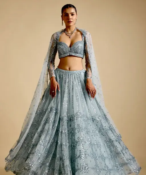 Sky Blue Designer Party Wear Net Lehenga Choli With Heavy Sequince Work Bollywood Style Lehenga
