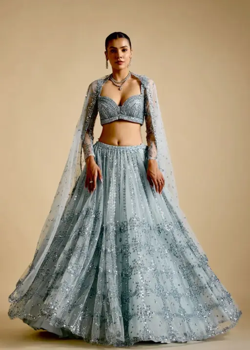Sky Blue Designer Party Wear Net Lehenga Choli With Heavy Sequince Work Bollywood Style Lehenga