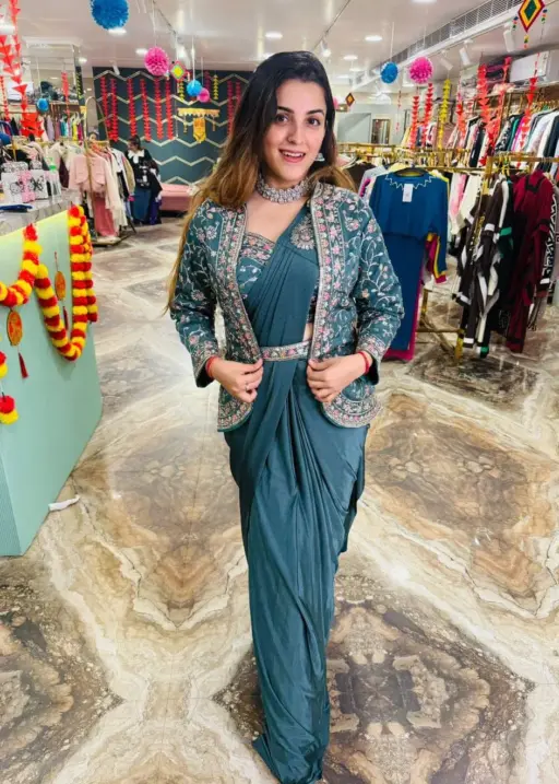 Superhit Trending Indo-Western Ready-to-Wear Saree with Fully Embroidered Koti Ethnic Saree With Blouse And Koti