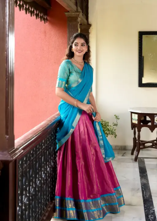 Traditional Kanchipuram Lehenga Choli With Zari Weaving Suvarna