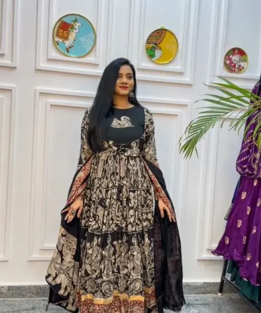 Trending Digital Printed Gown With Human Print Designer Gown Coat Dupatta Set