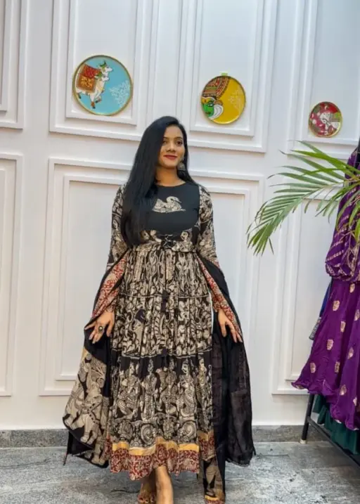 Trending Digital Printed Gown With Human Print Designer Gown Coat Dupatta Set