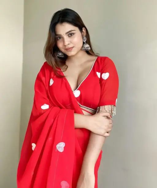 Valentine's Special Red Color Saree With Heart Embroidery Work Perfect Valentines Gift