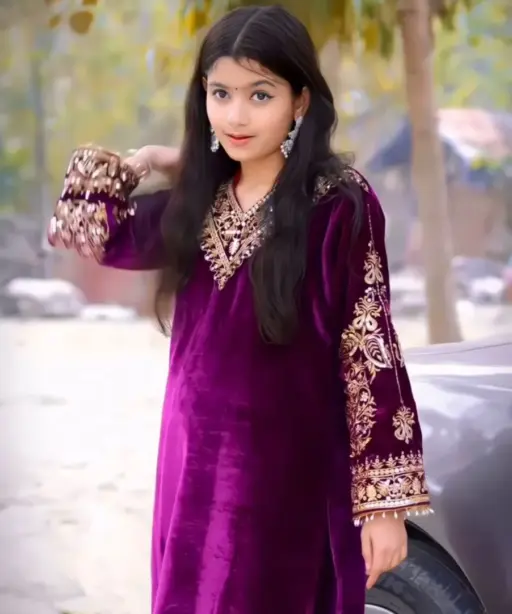 Winter Collection Heavy Viscose Velvet Embroidery Sequence Work Kids Wear Ethnic Suit